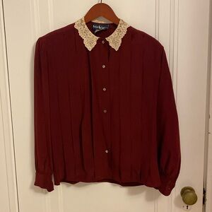 Ralph Lauren Silk Blouse - Burgundy with Lace Collar